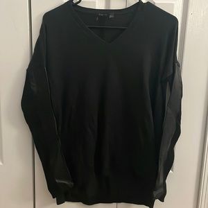 Black vneck sweater with faux leather sleeve details
